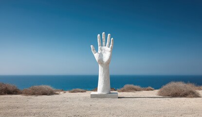 White hand sculpture on a beach