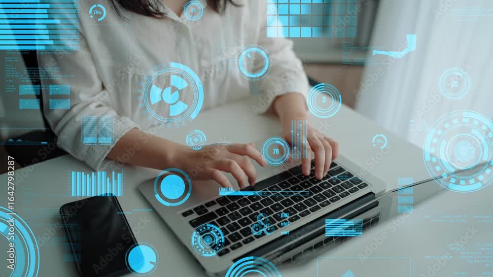 Aufkleber a creative professional engages with a laptop in a modern workspace, surrounded by digital interface