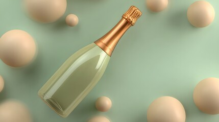 Champagne bottle with light beige spheres on a mint background.