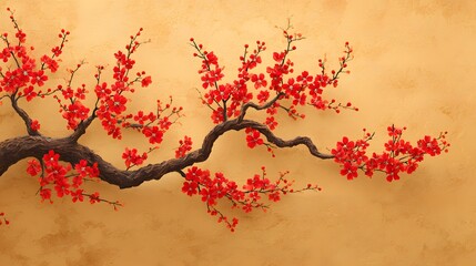 Delicate, blossoming branches of cherry blossoms against a textured backdrop.