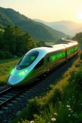 Fototapeta premium Futuristic High-Speed Train Journey Through Serene Mountain Valley at Sunset