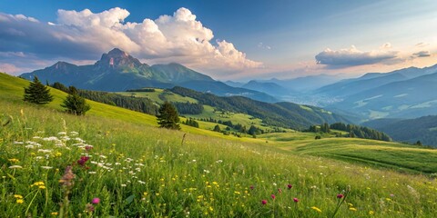 Mountain landscape with snow-capped peaks, green valleys, and clouds against a bright summer sky
