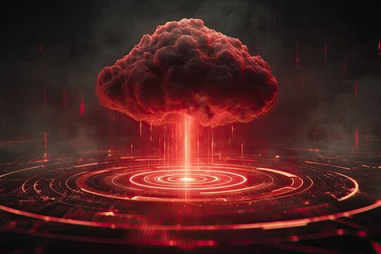 Red cloud explosion over digital interface