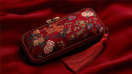 Red embroidered floral pouch with tassel.