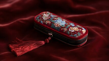 Embroidered floral design on a maroon velvet case with tassels.