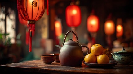 A still life featuring a traditional tea set and citrus fruits in a dimly lit interior.