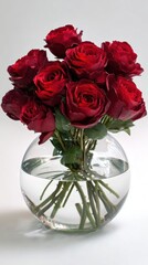 Obraz premium Deep red rose blossoms are arranged beautifully in a transparent glass vase full of clear water