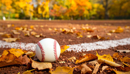 Baseball resting on an autumn field with vibrant fall foliage in the background