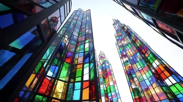 Dynamic Low-Angle Pan of Majestic Modern Towers with Colorful Stained Glass Facades