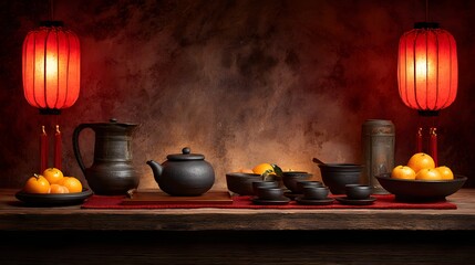 Dark-hued ceramic tea set and fruits arranged on a wooden table.
