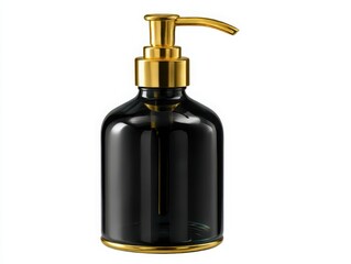 Obraz premium Black glass soap dispenser with gold pump isolated on white background