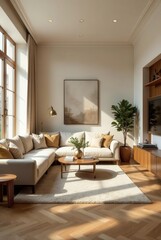 Fototapeta premium Serene Modern Living Room Design with Neutral Tones and Natural Light