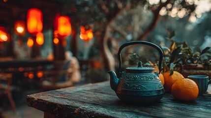 Dark teal teapot on a weathered wooden table amongst orange fruits.