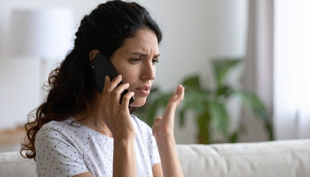 Sad young hispanic female hold phone to ear discuss bad news with friend share emotional stress. Concerned patient call doctor speak on health complaints ask for advice. Detailed high quality image.  - Powered by Adobe