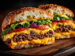 Delicious Cheeseburger Cut in Half on a Wooden Board, Ready to Eat. Perfect for food blogs and National Cheeseburger Day promotions.