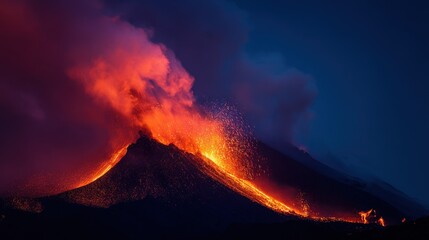 Fototapeta premium Erupting Volcano With Flowing Lava, Volcanic Ash Plume Against Dark Blue Night Sky