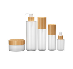 Sustainable bamboo cosmetic packaging set for beauty and skincare products., 3d illustration