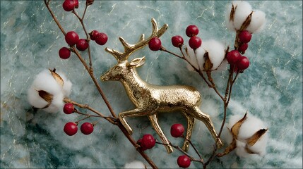 Gold deer figurine amidst sprigs of cotton and berries on a teal background.