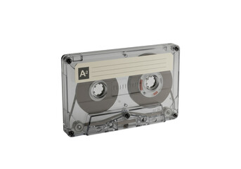 Fototapeta premium Pristine vintage transparent audio cassette tape, visible internal reels, generic label, on clean minimalist light surface with ample negative space, concept of analog nostalgia