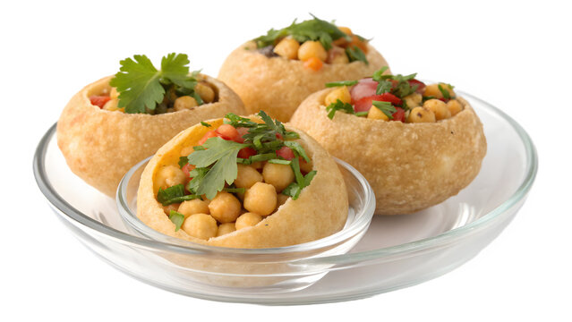 PNG pani puri with plant d&eacute;cor, bowl,, perfect for menus, packaging, and creative food designs.

