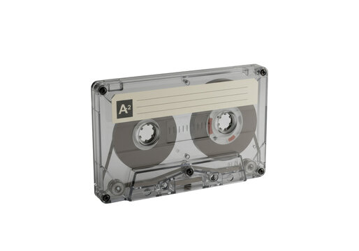 Pristine vintage transparent audio cassette tape, visible internal reels, generic label, on clean minimalist light surface with ample negative space, concept of analog nostalgia