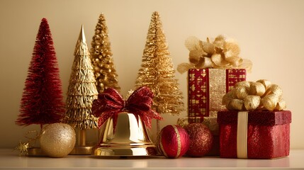 Festive christmas decorations arranged on a shelf.