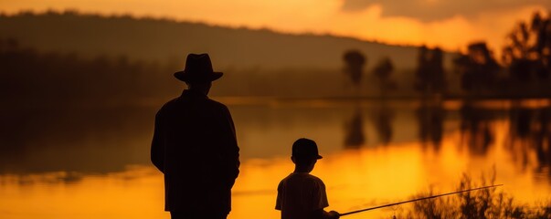 In silhouette, father and son fish peacefully together at sunset by still waters