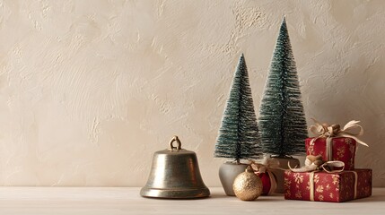 Christmas decor with small trees, gifts, and a bell.