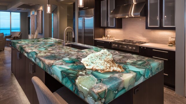 Interior kitchen showcases emerald quartzite countertop with light fixture and modern appliances in the luxury design