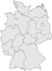  A sleek, grey political map of Germany with clearly defined state borders. Perfect for professional, educational, and data visualization projects.