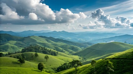 Rolling Hills: A breathtaking landscape of rolling green hills stretches towards the horizon under a dramatic sky, showcasing the natural beauty and serenity of the countryside.