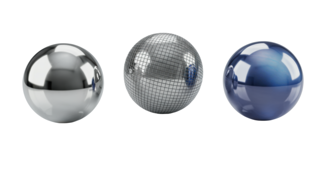 Three pristine, polished abstract spheres (mirror, grid, iridescent) on transparent studio surface, soft overhead light, high-angle view, concept of complex data systems