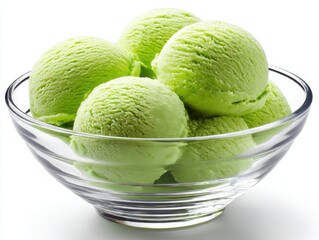 Bowl of green ice cream scoops isolated on white background