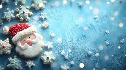 Festive christmas cookies adorned with snowflakes on a blue surface.