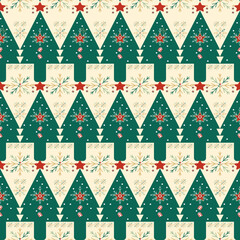 Seamless pattern of green Christmas trees and snowflakes in multicolor, illustration Vector design on earth tone background. Gift wrapping paper. Modern style. print 300 dpi 