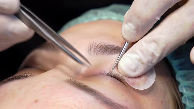 Detailed Eyebrow Threading Procedure on Woman with Fair Skin Hand in Glove Using Tweezers and Fine Thread in a Turquoise Surgical Cap for Precision Beauty Treatment at High Angle