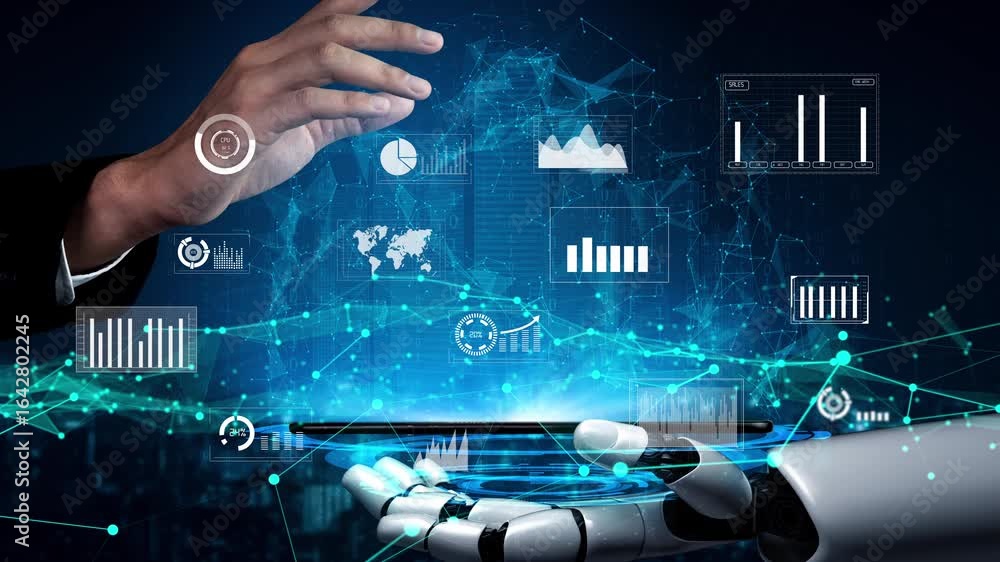 Poster a robotic hand interacts with vibrant data charts and visual elements, symbolizing the convergence o