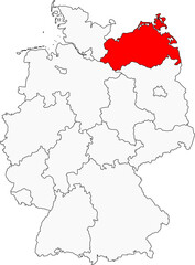 Obraz premium Map of Germany highlighting the state of Mecklenburg-Vorpommern. Ideal for designs on the Baltic Sea coast, lake districts, and maritime history