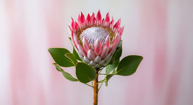 Ai generated image of closeup of a pink king protea flower with green leaves