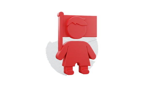 A vibrant red rendered figure of a person proudly holds a rectangular flag, symbolizing support or celebration.