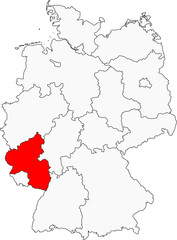 Map of Germany highlighting Rhineland-Palatinate. Ideal for designs on its famous wine regions, scenic castles along the Rhine River, and rich history