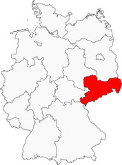 Map of Germany highlighting the state of Saxony. Ideal for projects on its cultural heritage, historic cities like Dresden and Leipzig, and the Ore Mountains