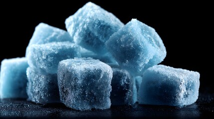 Close-up of frosty ice cubes against a dark background.