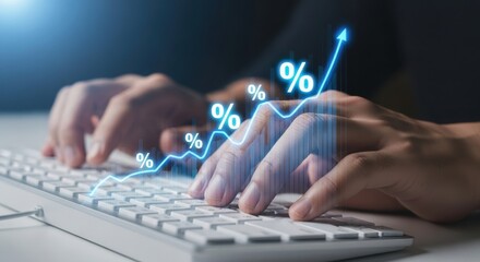 Hands typing on a keyboard with a rising financial graph and percentage symbols