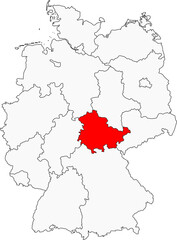 Map of Germany highlighting the state of Thuringia. Ideal for projects on its rich intellectual history, forest landscapes, and historic cities
