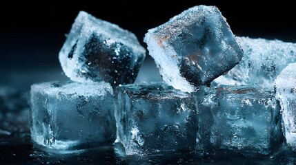 Close-up of ice cubes on a dark surface.