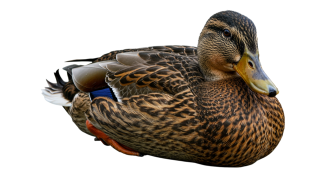 A beautiful brown duck with intricate feather patterns rests peacefully, showcasing its natural beauty and calm demeanor.