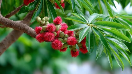 Bright red castor bean pods on lush green foliage with spiked leaves