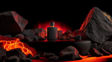 Perfume Bottle on Volcanic Rocks with Lava Glow