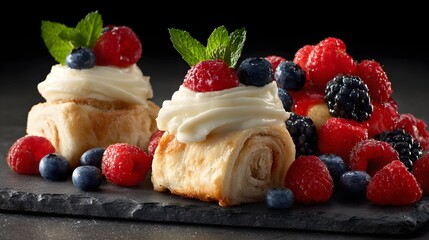 Fresh pastries and berries arranged on a slate plate.